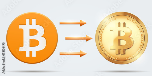 Concept of Bitcoin hard fork. Converting cryptocurrency to Bitcoin Gold. Blockchain finance symbol. Vector Illustration isolated on white background.