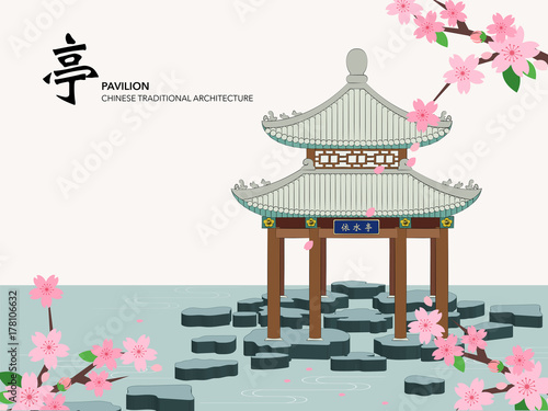 Vector Chinese Traditional Template Series Architecture Building pavilion on the water pink sakura