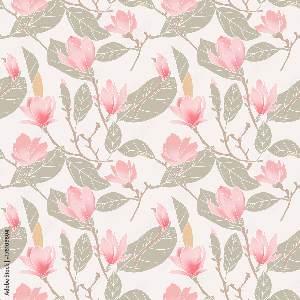 Fototapeta premium Hand drawn pink magnolia flower vector seamless pattern