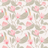 Hand drawn pink magnolia flower vector seamless pattern