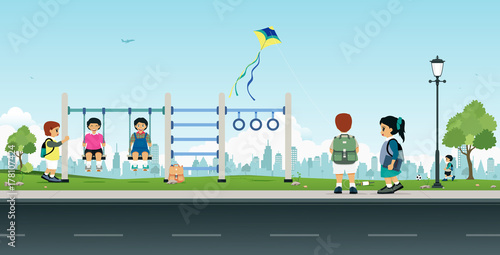 Students gather and play in the playground after school.