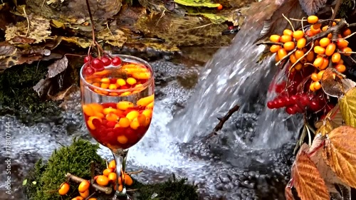 glass with berries and a waterfall