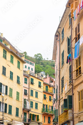 View to buildings and sky in a foggy day, Cinque Terre, Vernazza, Italy