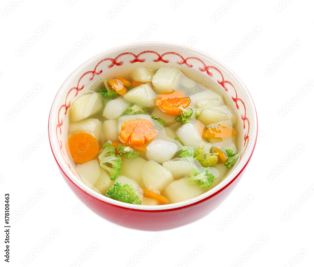 Bowl of delicious baby soup, isolated on white Bowl of delicious baby soup, isolated on white