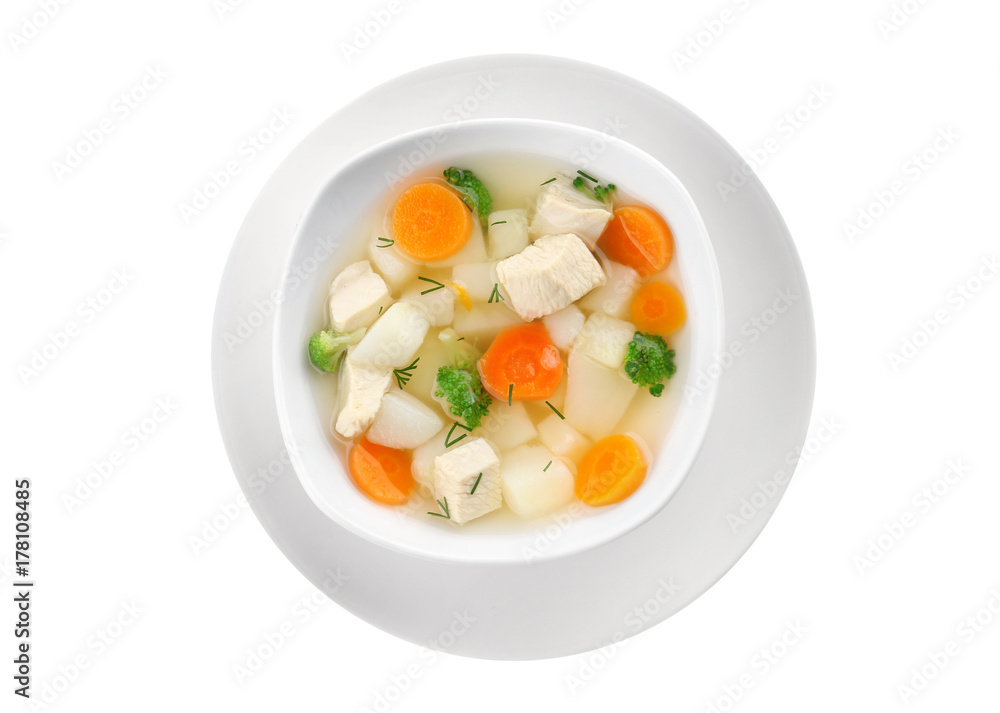 Plate of delicious baby soup, isolated on white Plate of delicious baby soup, isolated on white