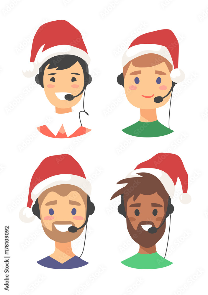 Portrait of happy smiling male customer support phone operator in Christmas hat. Callcenter worker with headset. Cartoon vector illustration man agent