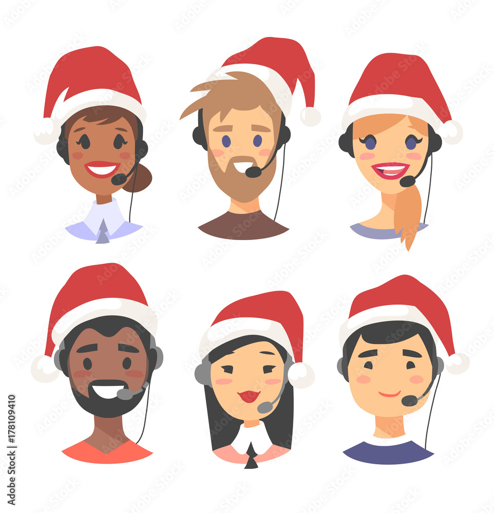 Portrait of happy smiling customer support phone operator in Christmas hat. Callcenter worker with headset. Cartoon vector illustration agent Portrait of happy smiling customer support phone operator in Christmas hat. Callcenter worker with headset. Cartoon vector illustration agent