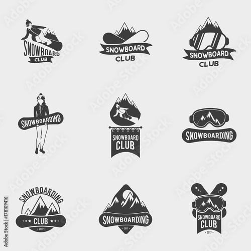 Set of snowboard club logos, labels or badges templates. Snowboarding symbols with snowboarders, snowboard glasses and mountains. WInter extreme sport.
