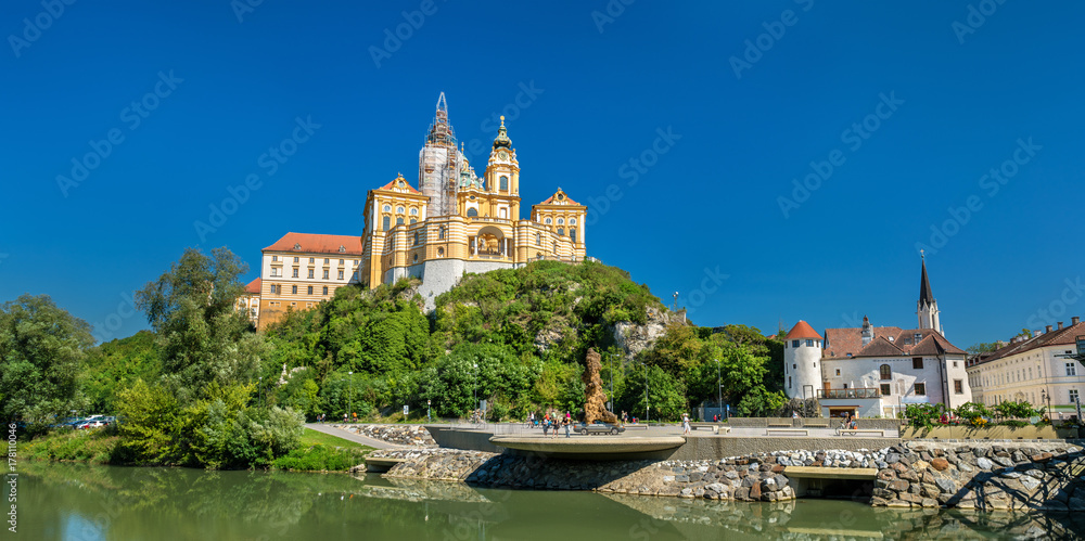 View of Stift Melk, a Benedictine abbey above the town of Melk in Austria - obrazy, fototapety, plakaty 