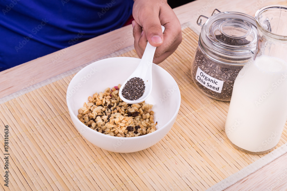 Chia seeds with fresh milk, healthy nutritious anti-oxidant superfood breakfast Chia seeds with fresh milk, healthy nutritious anti-oxidant superfood breakfast