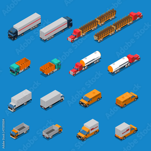 Trucks Isometric Icons Set