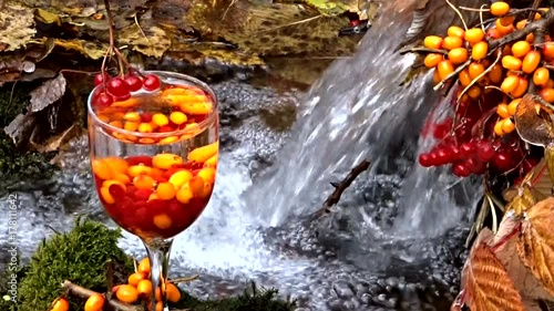 glass with berries and a waterfall