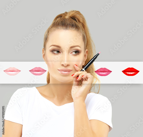 Color lips.Set of lipstick , swatches isolated on gray background.