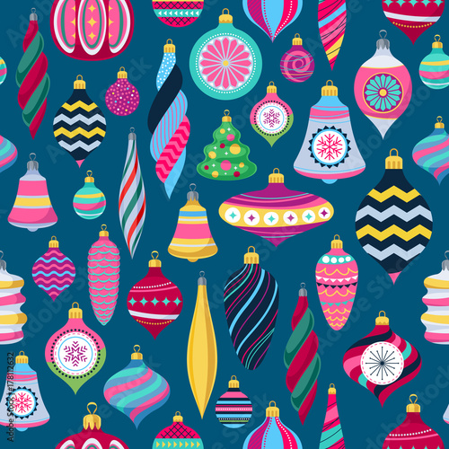 Colorful retro baubles background. Decorative christmas tree balls.