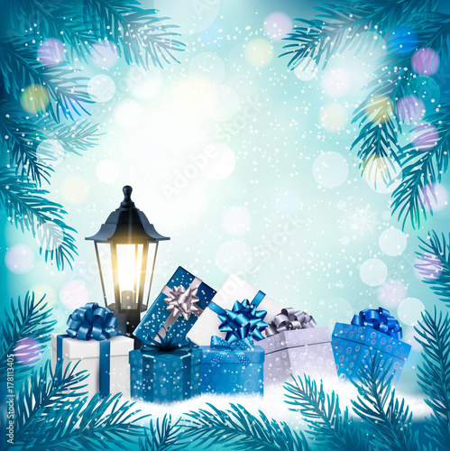 Holiday Christmas background with a gift boxes and lamp. Vector