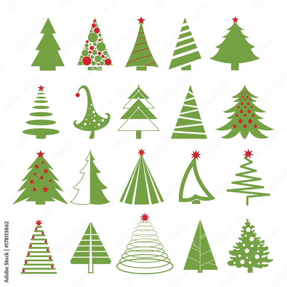 Vector illustration set of christmas trees in red and green colors on white background. Flat style.