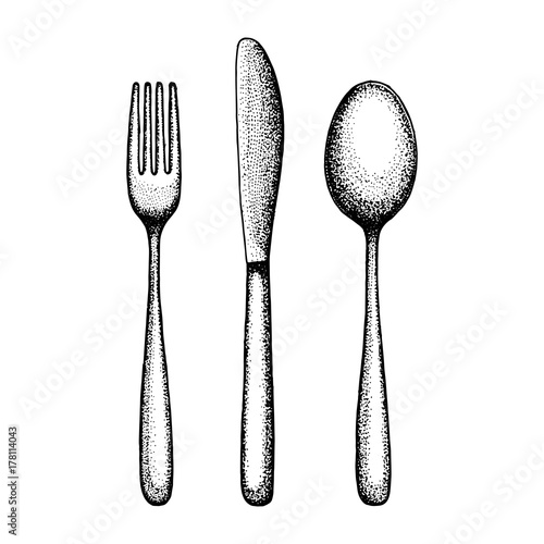 cutlery set sketch. Spoon fork and knife vector. illustration isolated black
