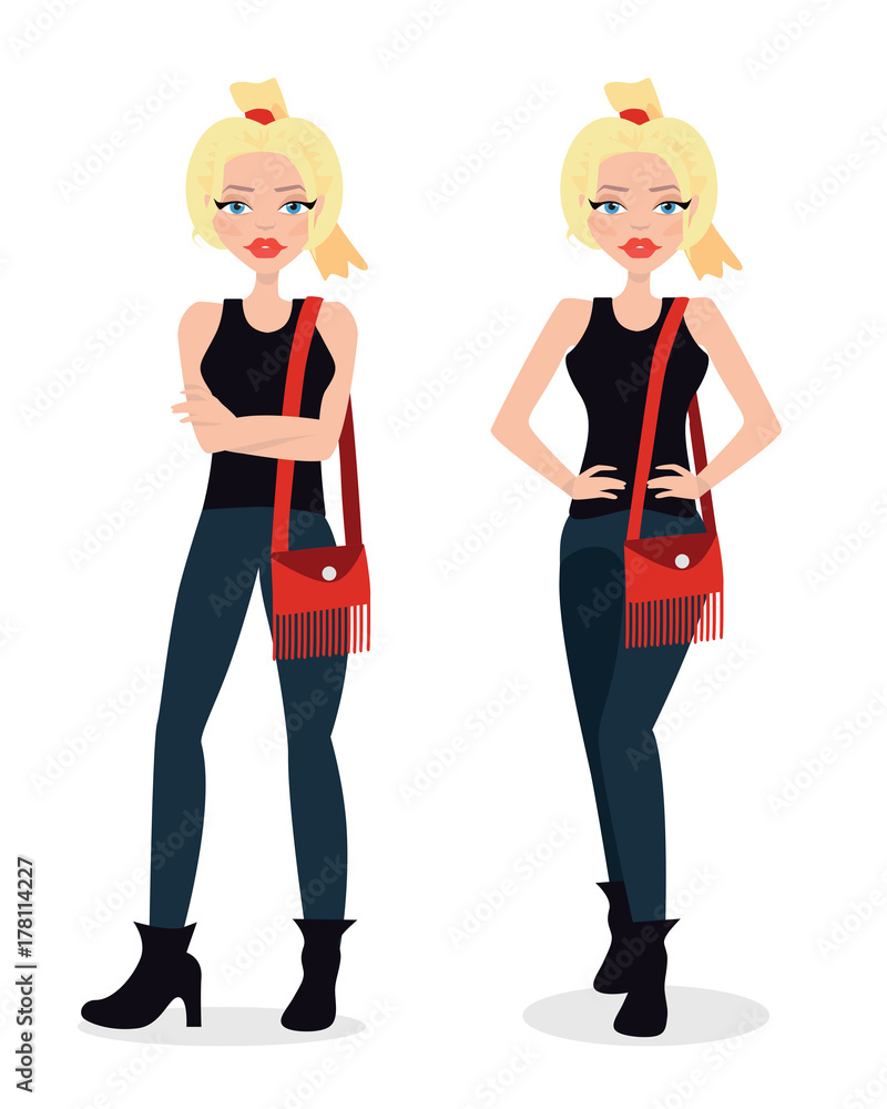 Vector illustration of a beautiful blonde girl in flared jeans, punk, fashion girl, in casual outfit. Flat style.
