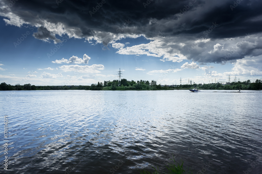 Naklejka premium water skiing, surfing, boat, waves, landscape