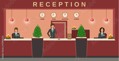 Reception service. Hotel employees welcome guests on their workplace with christmas design.