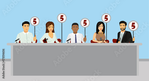 Vector illustration of professional competition judges jury holding tablets with estimates in flat style.