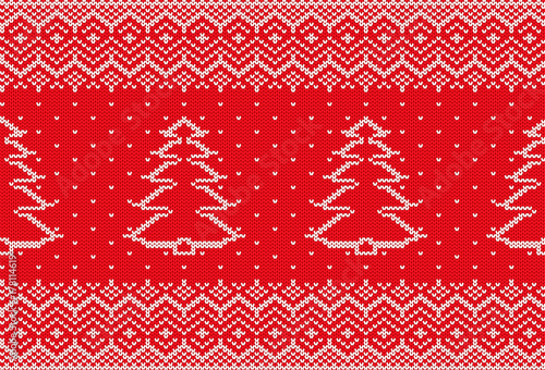 Knit xmas geometric ornament with christmas tree and empty space for text. Seamless pattern. Knitted winter texture.