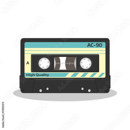 Audio cassette in retro style isolated on a white background. Vintage style music storage icon. Old record player tape.