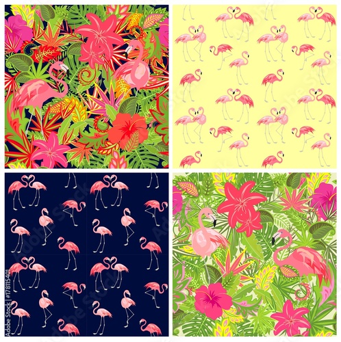 Seamless tropical summery wallpapers collection with pair of flamingo and exotic floral colorful pattern for fabric, textile, wrapping paper, greeting card, invitation, web design