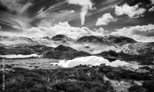 Black and white image of the summits of Green Gable, Great Gable and Kirk Fell from Hay Stacks in the English Lake District.