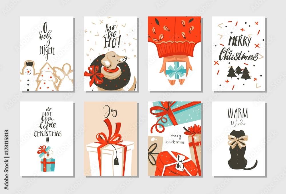 Hand drawn vector abstract fun Merry Christmas time cartoon cards collection set with cute illustrations,surprise gift boxes,dogs and handwritten modern calligraphy text isolated on white background