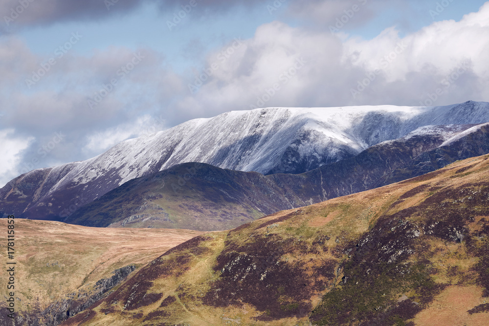 Snow covered mountains in the Derwent Fells above Buttermere in the English Lake District