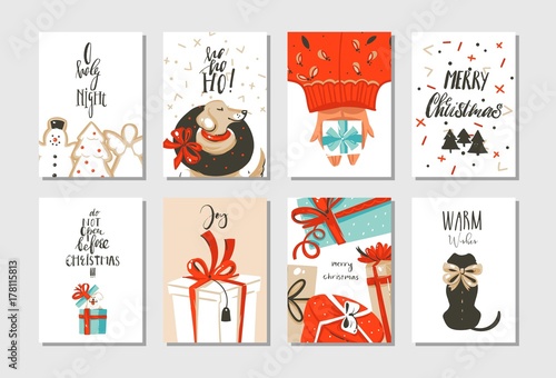 Hand drawn vector abstract fun Merry Christmas time cartoon cards collection set with cute illustrations,surprise gift boxes,dogs and handwritten modern calligraphy text isolated on white background
