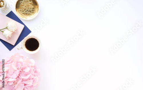 Canvas Print Styled desk scene with gold, navy and pink, feminine workplace