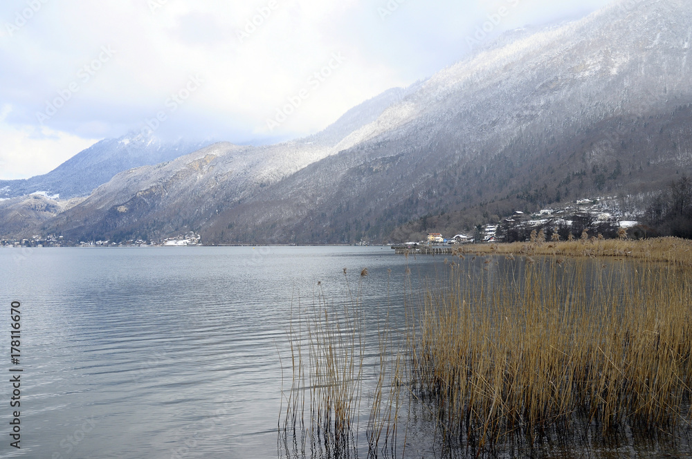 Snow landscape, Annecy lake in winter, Savoy