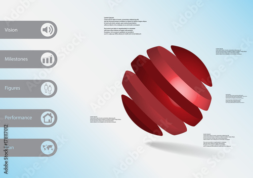 3D illustration infographic template with ball askew divided to five red slices