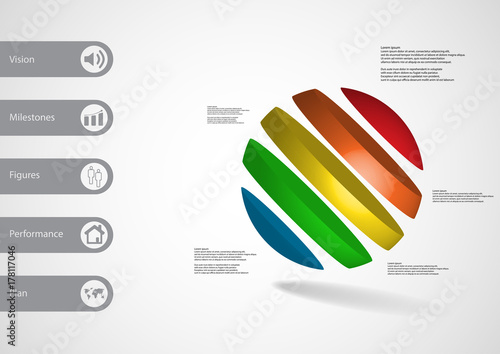 3D illustration infographic template with ball askew divided to five color slices