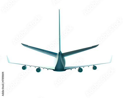 Back view of flying plane. Vector illustration of plane in back view isolated on white.