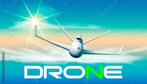 Drone flying in sunlight. Vector illustration of flying drone in sunlight and a word.