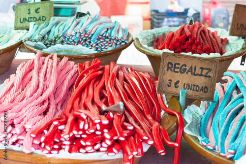 Colorful liquorice sweets for sale on Sineu Market. Sineu, Majorca, Spain photo