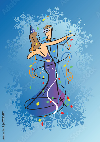 Carnival ballroom dance couple.
Illustration of Young couple dancing ballroom dance and confetti on snowflakes background.Vector available. 