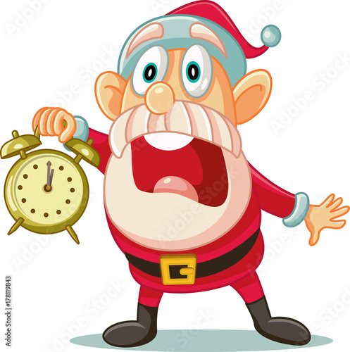 Stressed Santa with Clock in Big Hurry for Christmas