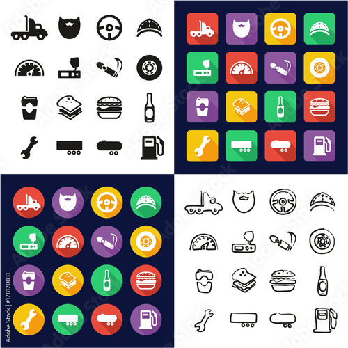 Truck Driver All in One Icons Black & White Color Flat Design Freehand Set