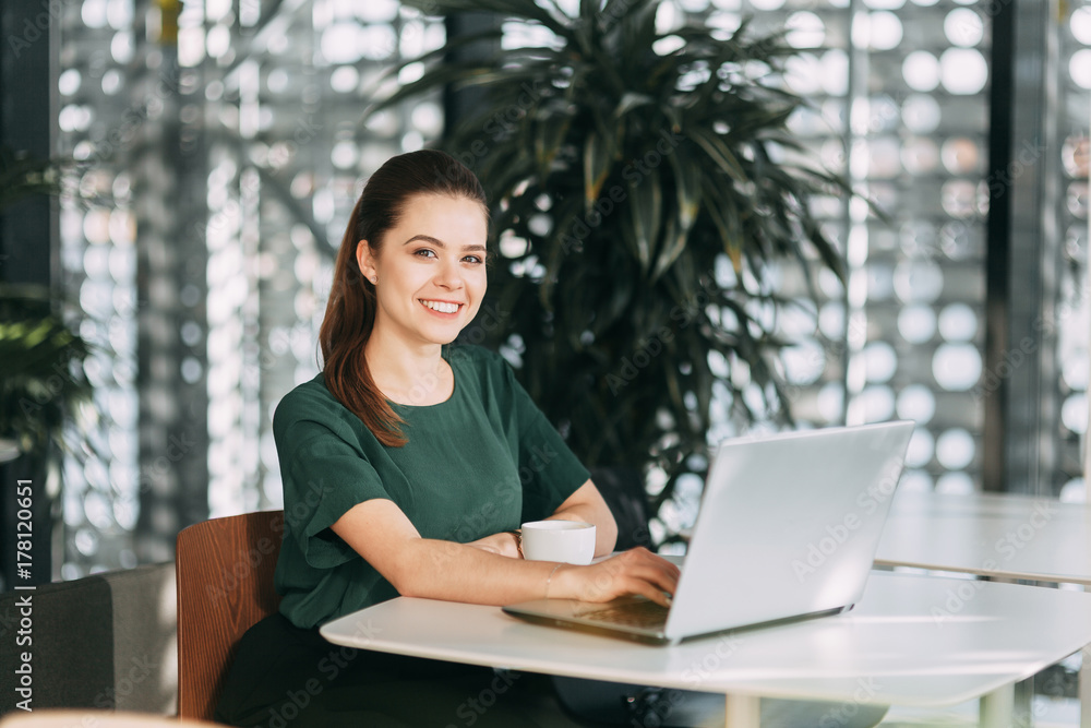 beautiful business lady at work with a laptop and phone sitting in the office beautiful business lady at work with a laptop and phone sitting in the office
