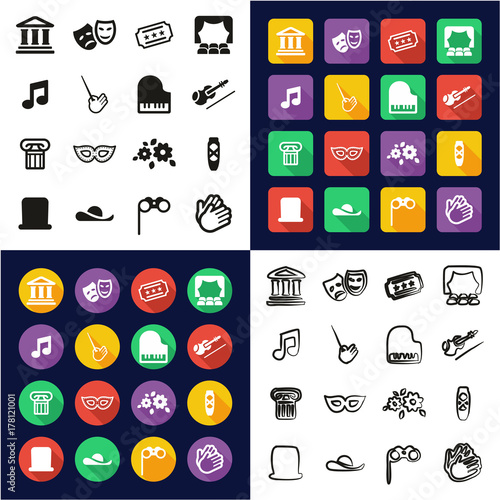 Theater All in One Icons Black & White Color Flat Design Freehand Set