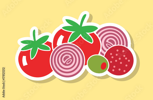 Fototapeta Naklejka Na Ścianę i Meble -  Pepperoni, red onion, olives and tomatoes flat illustration. Products for pizza.