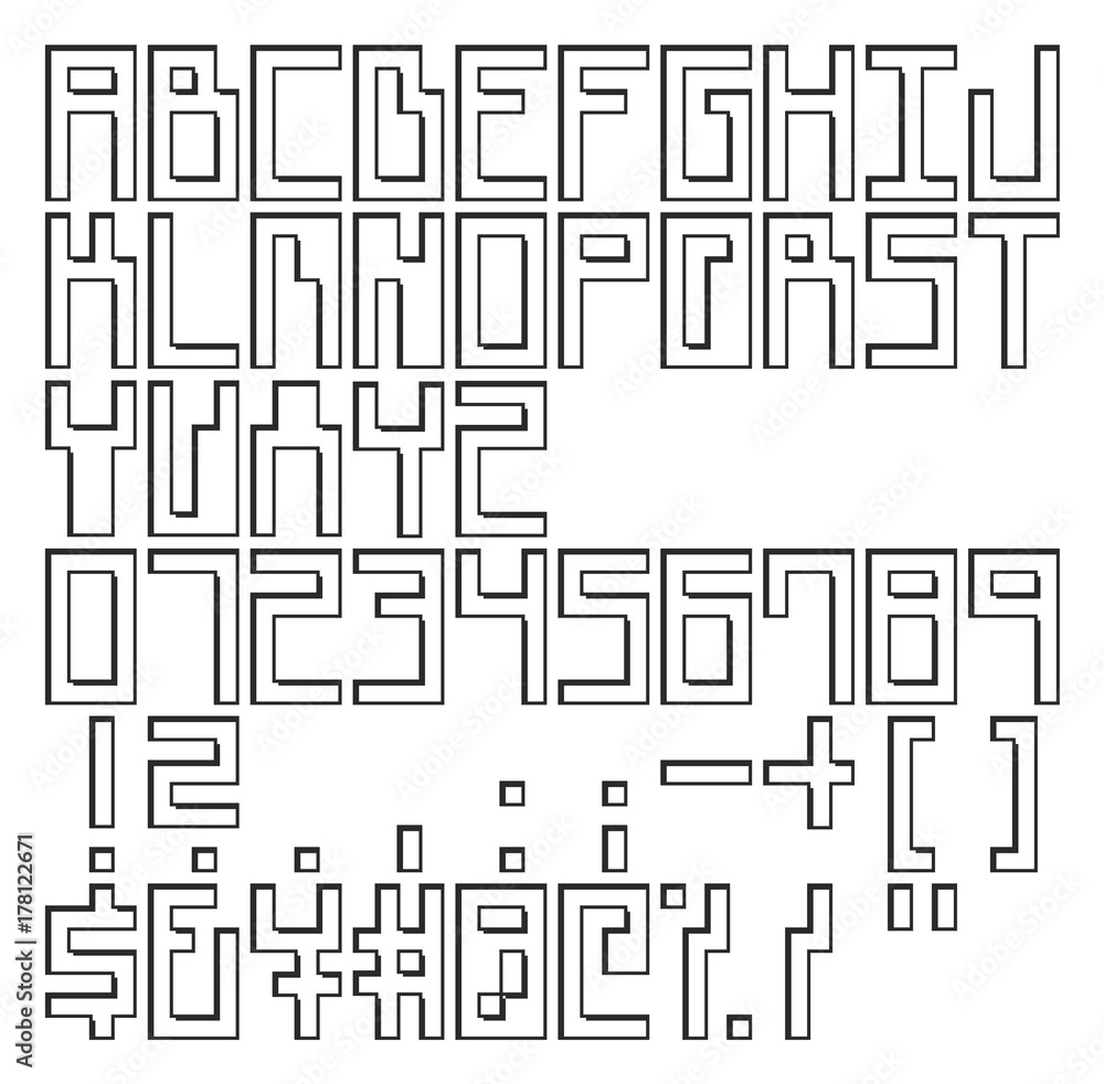 Retro Propaganda Square Pixel Outline Vector Font with Uppercase Letters, Numbers & Signs