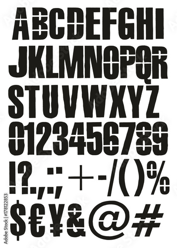 Modern Cargo Or Traffic Overspray Stencil Vector Font with Uppercase Letters, Numbers & Signs