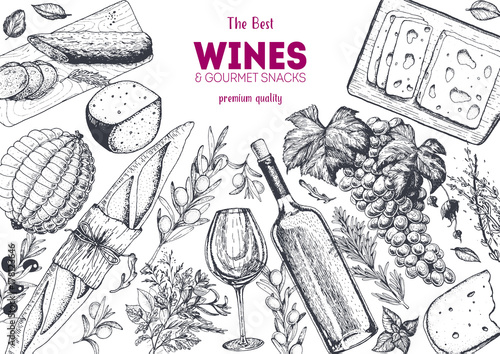 Wines and gourmet snacks frame vector illustration. Cheese, sausages, bread, grape hand drawn. Gourmet food set.