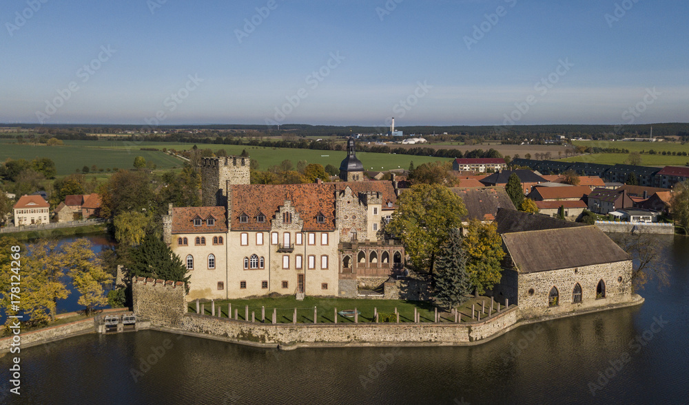 Aerial view of Flechtingen water castle in Saxony-Anhalt