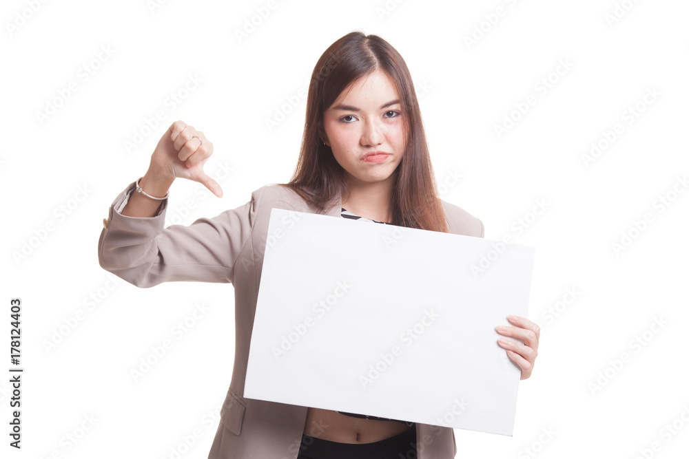 Young Asian woman show thumbs down with white blank sign. Young Asian woman show thumbs down with white blank sign.